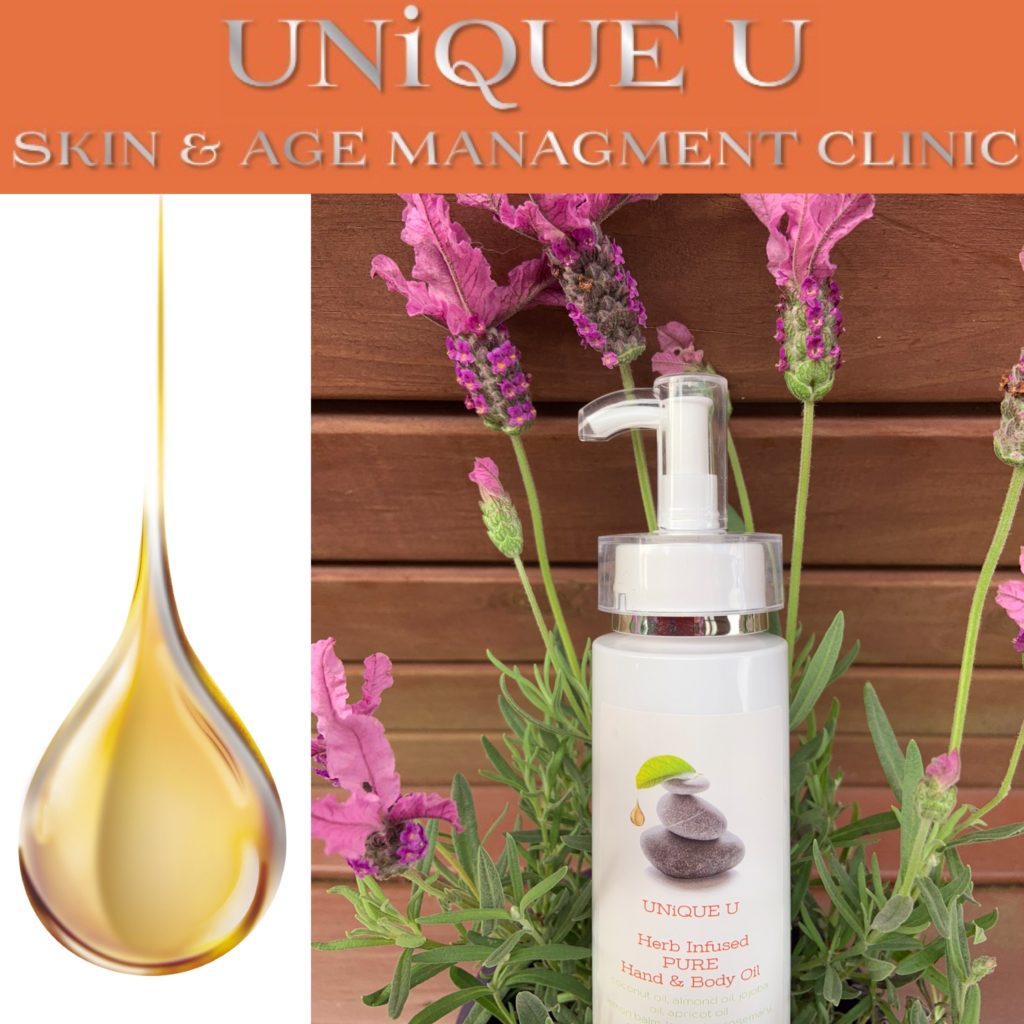 “UNiQUE U HERB INFUSED 100% PURE HAND & BODY OIL NO SYNTHETICS, FRANGRANCES, FILLERS OR TOXIC CHEMICALS