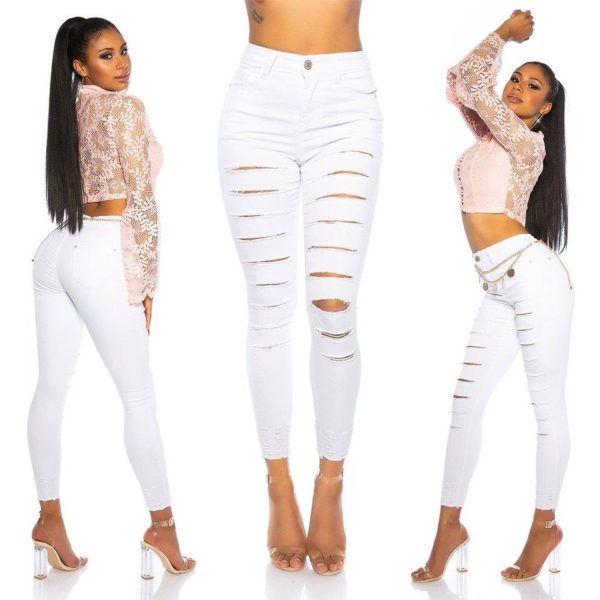 Sexy White High Waist Skinny Fitted Jeans With Distress and Front Rips Size 8,10,12