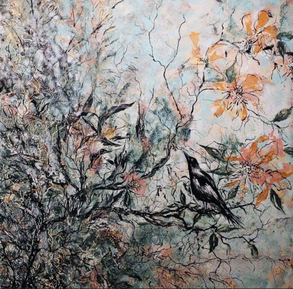 This Artwork was inspired by my local Magpie that lives in my garden with his family … I never have any problem with him swooping , he is just happy to sit amongst the trees in our garden and call his mate .. … I feel this piece would look perfect in a family room or even in a bedroom . I feel the delicate peach and soft greens would bring calmness to a space .