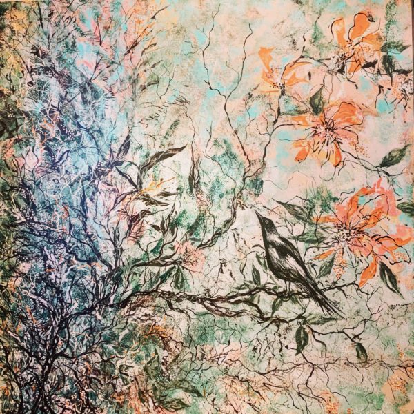 This Artwork was inspired by my local Magpie that lives in my garden with his family … I never have any problem with him swooping , he is just happy to sit amongst the trees in our garden and call his mate .. … I feel this piece would look perfect in a family room or even in a bedroom . I feel the delicate peach and soft greens would bring calmness to a space .