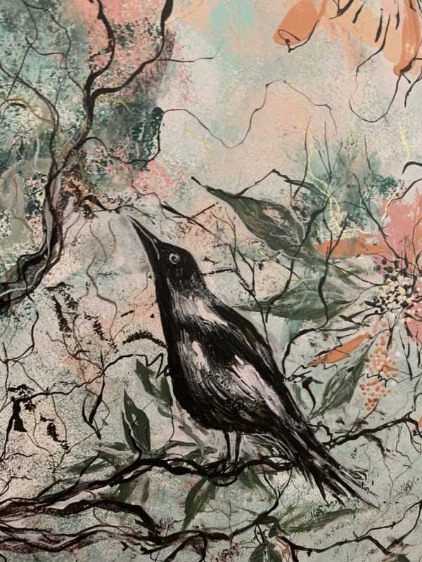 This Artwork was inspired by my local Magpie that lives in my garden with his family … I never have any problem with him swooping , he is just happy to sit amongst the trees in our garden and call his mate .. … I feel this piece would look perfect in a family room or even in a bedroom . I feel the delicate peach and soft greens would bring calmness to a space .