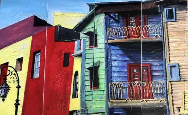 Original textured painting, South American beach houses, bright, highly textured, stretched canvases, signed, large 163x105cm