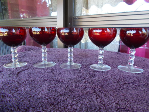 5 X RUBY GLASS WINE GLASSES ORNATE TWISTED STEMS NOT EXACTLY ALIKE $135
