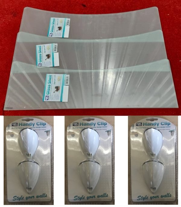 3 x Complete Glass Shelf GL8180S 800×250/180x8mm Concave Frosted with AMPLEW Handy Clips AU$100 Qoin