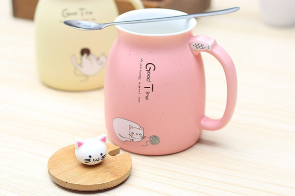 Ceramic Cat Mugs with wooden lid and steel spoon