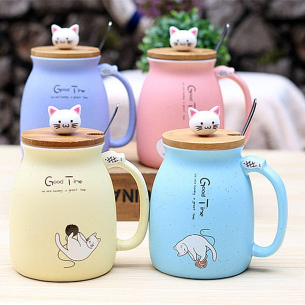 Ceramic Cat Mugs with wooden lid and steel spoon