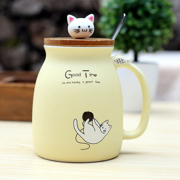 Ceramic Cat Mugs with wooden lid and steel spoon