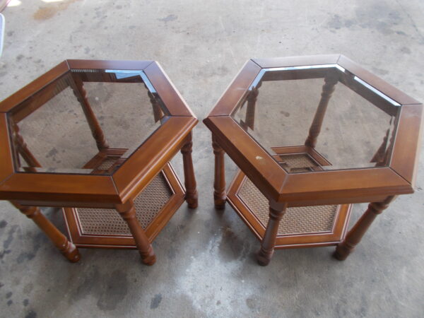 2 SOLID TIMBER HEXAGONAL ORNATE TABLES TURNED LEGS GLASS TOPS $180