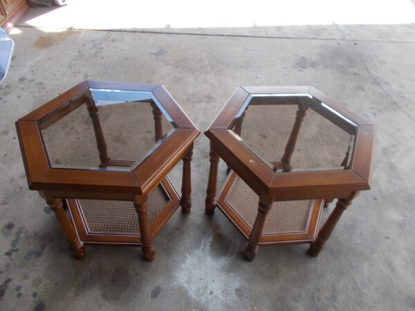 2 SOLID TIMBER HEXAGONAL ORNATE TABLES TURNED LEGS GLASS TOPS $180