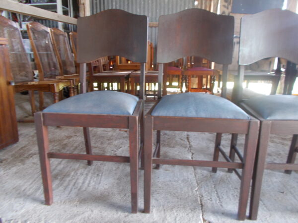 4 SOLID TIMBER VINTAGE DINING CHAIRS BLUE IMITATION LEATHER SEATS $250