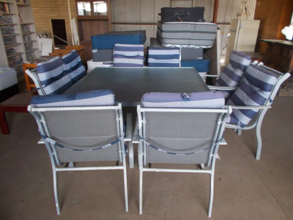 ALUMINIUM 9 PIECE OUTDOOR SETTING SQUARE GLASS TABLE AND 8 CHAIRS $350